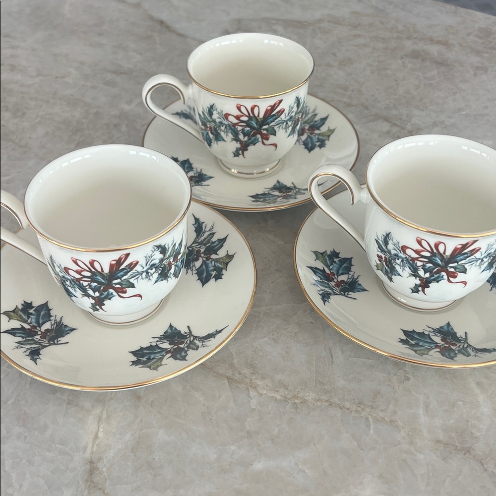 Lenox Winter Greetings Cup and Saucer Holiday China Lot of 3